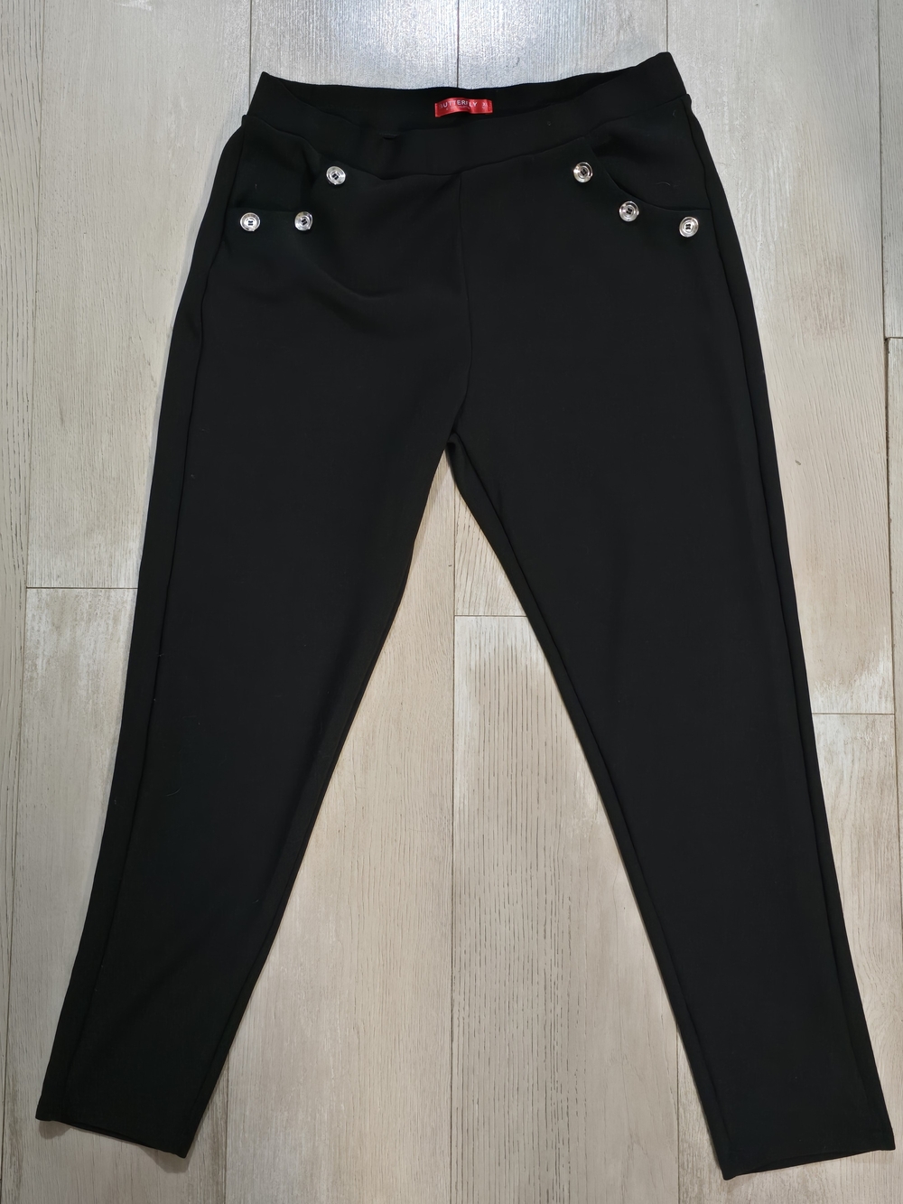 Butterfly Dsigns Black Dressy Ponte Pants with Decorative Buttons